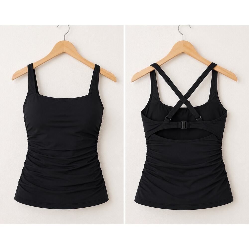 ATHLETA | Square Neck Ruched Tankini Swim Top Black | 40D/DD